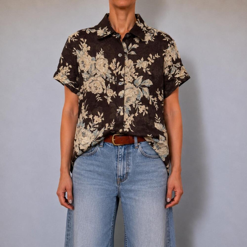 Vintage Jones New York 90s Brown Floral Resort Button Down Rayon Tropical Sz 8 M